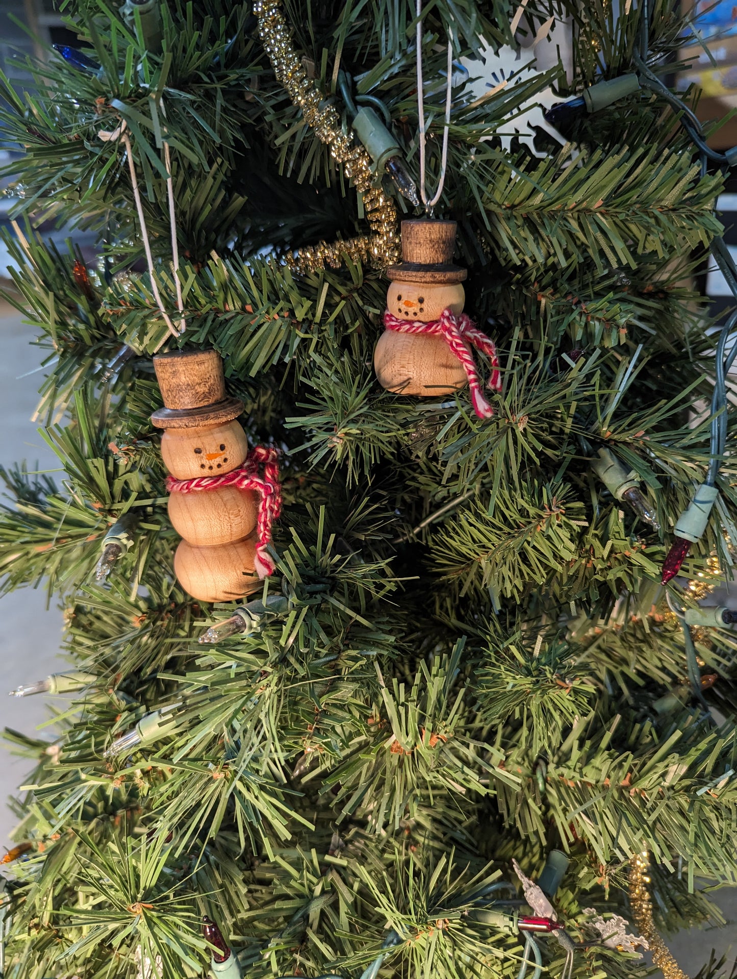 Hanging wooden snowmen